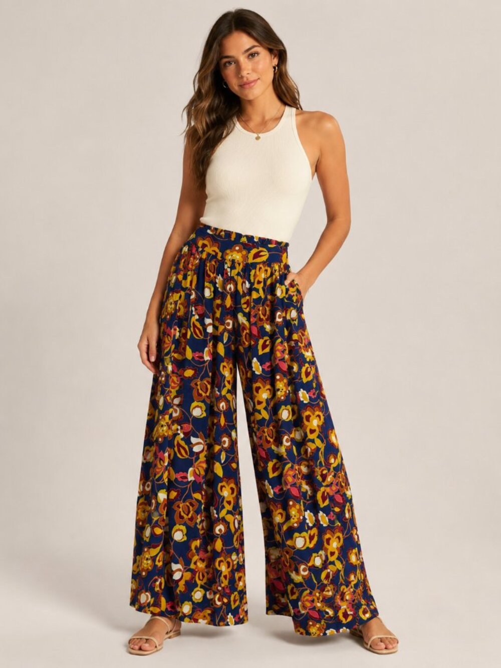 ModCloth Navy Floral Print Wide Leg Pull On Pants Womens XXS Tropical Blue